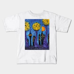 Night city with skyscrapers in the style of a dandelion world Kids T-Shirt